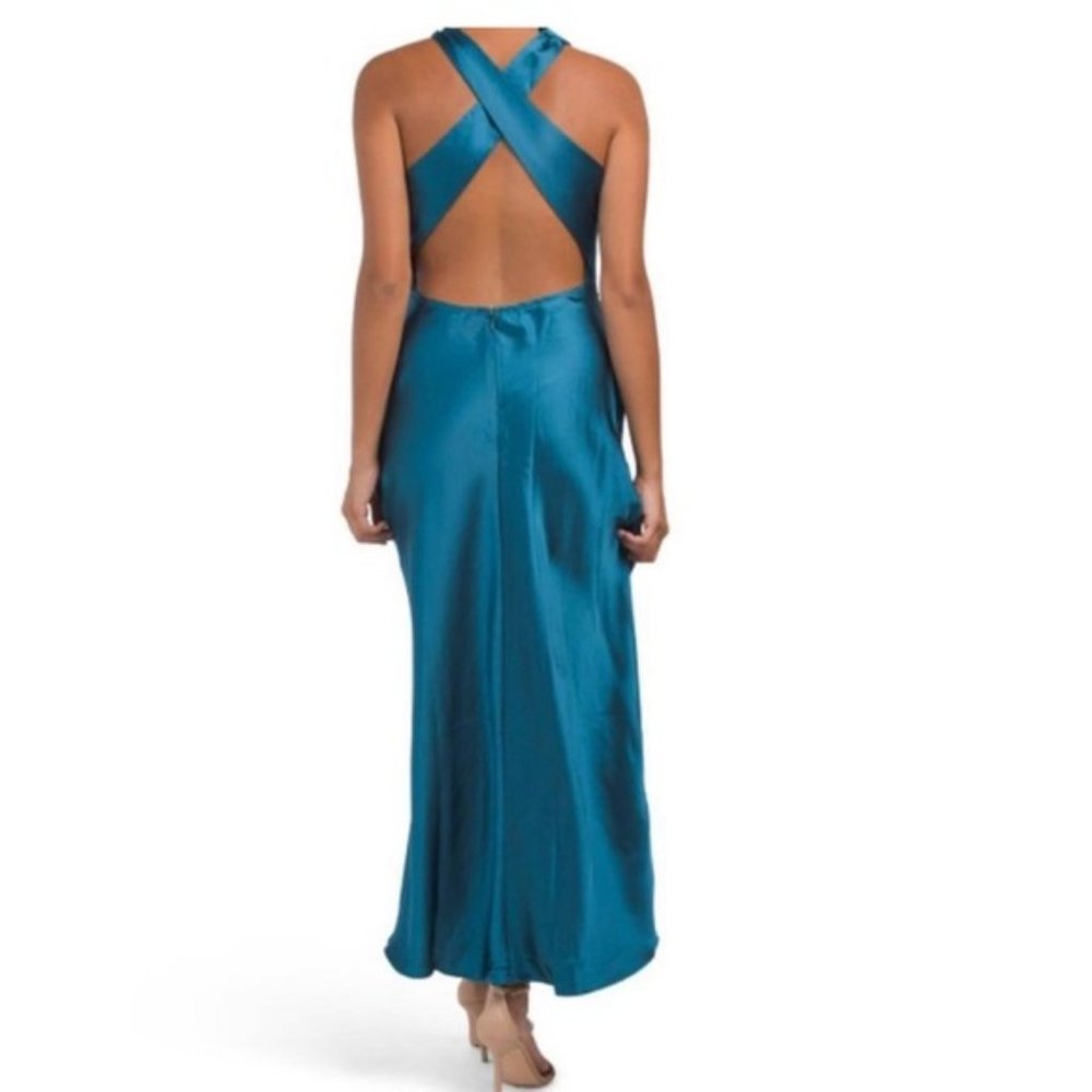 NWT House of Harlow 1960 Teal Blue Halter Dress Cocktail Cowl neck Satin Maxi M - Picture 4 of 12